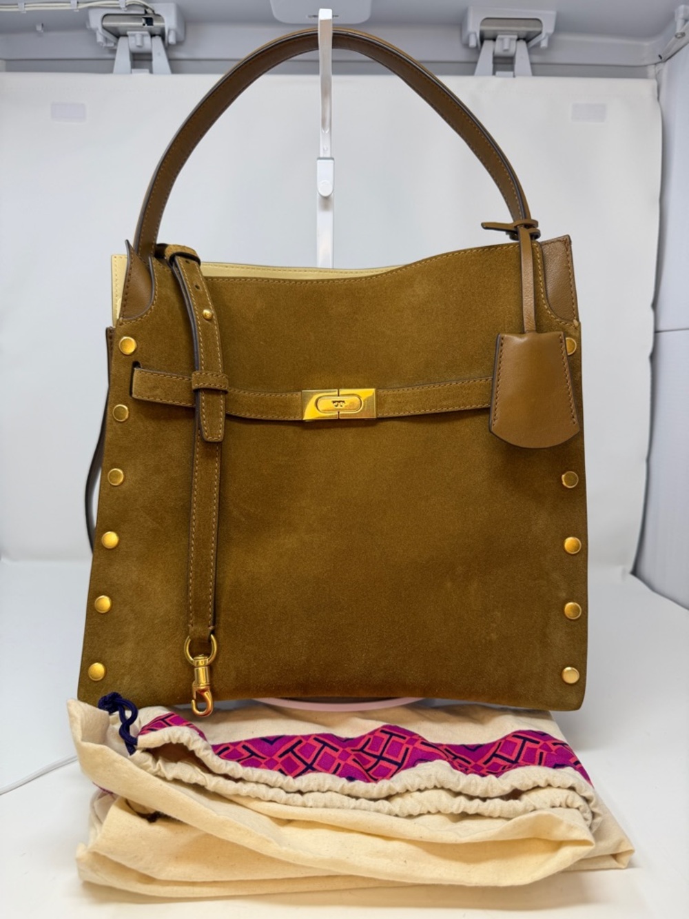 Tory Burch Lee Radziwill Suede Double Bag Coffee Brown Tobacco Leather - Picture 4 of 14